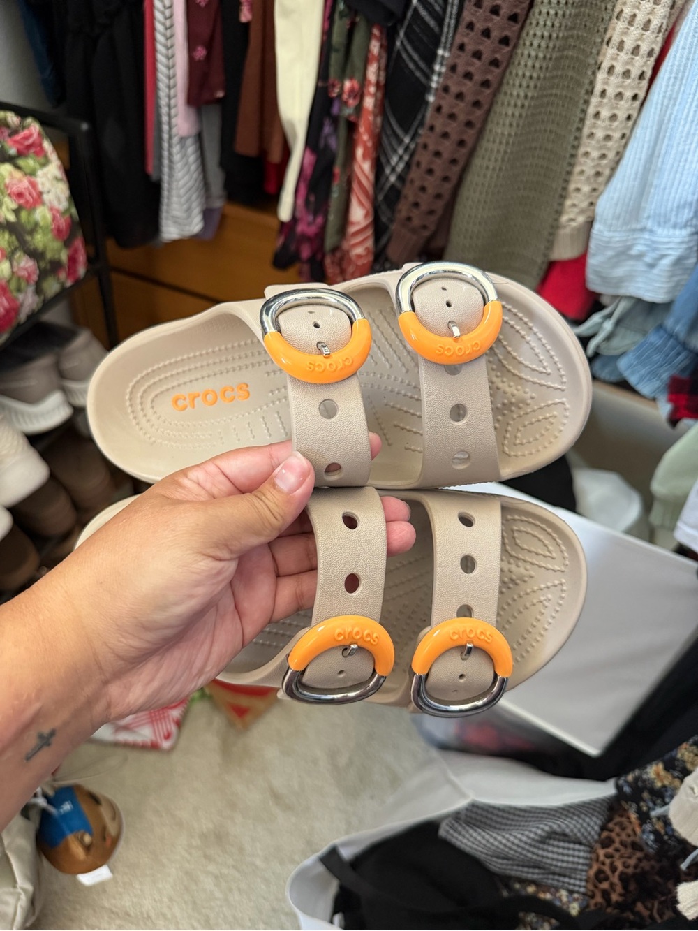 CROCS Beige Platform Sandals with Orange Buckle Accents